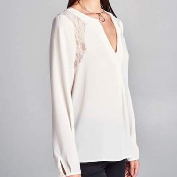 Renee C. Tops - RENEE C Lace Inset Cream Blouse Long Sleeve Top